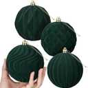 4 Pcs 4 Inch Green Large Velvet Christmas Ball Ornaments Vintage Christmas Plastic Ball Ornaments Flocked Tree Hanging Decoration for Xmas Party Wedding Home Decor