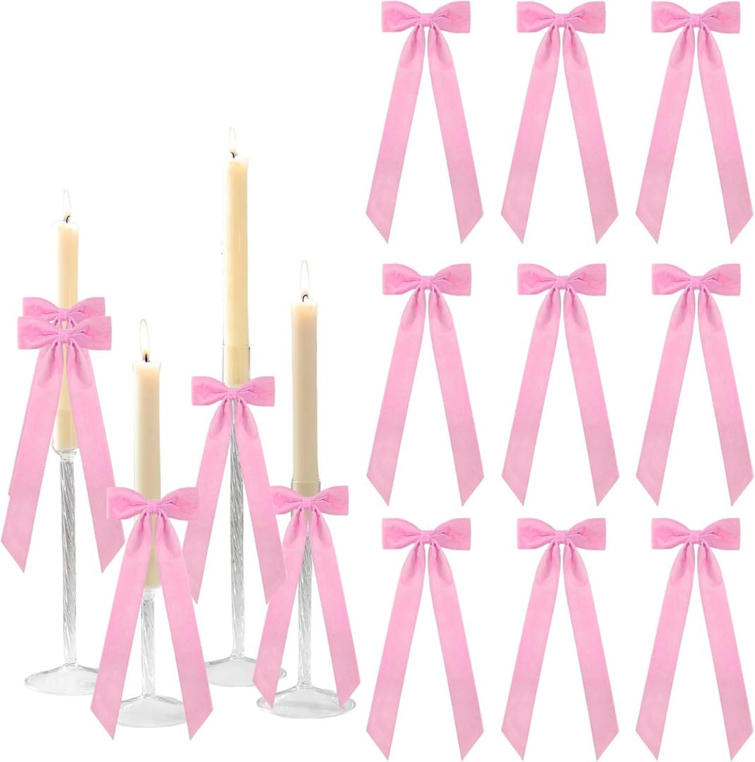Meseey 12 Pcs Pink Candlestick Decoration Bows Candle Holder with 5X13.5 Inch Decorative Velvet Bows for Bridal Showers, Birthdays Centerpieces Table Decor(Pink)