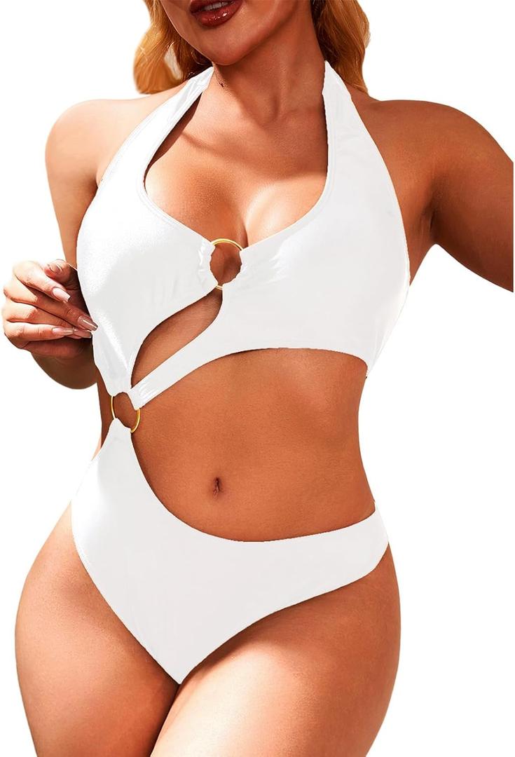 Women One Piece Swimsuit Slimming Cutout Fashoin Swimwear Metal Ring Bathing Suit Female Beachwear (Large, White)