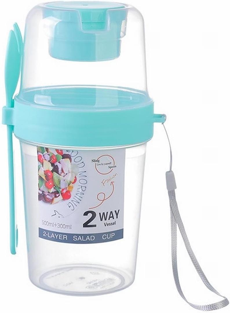 Generic Salad Shaker Cup Container for Lunch Breakfast Yogurt Parfait Cups with Lid Lanyard and Fork Cereal Overnight Oats Snack Parfait Containers Salad Dressing Holder (Light Blue, One Size)