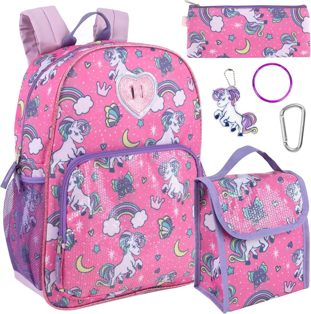 Trail maker Girls 6 in 1 Backpack and Lunch Box Set for School with Pencil Case, Water Bottle, Keychain Attached for Kids (Large, Rainbow Butterflies & Unicorns)