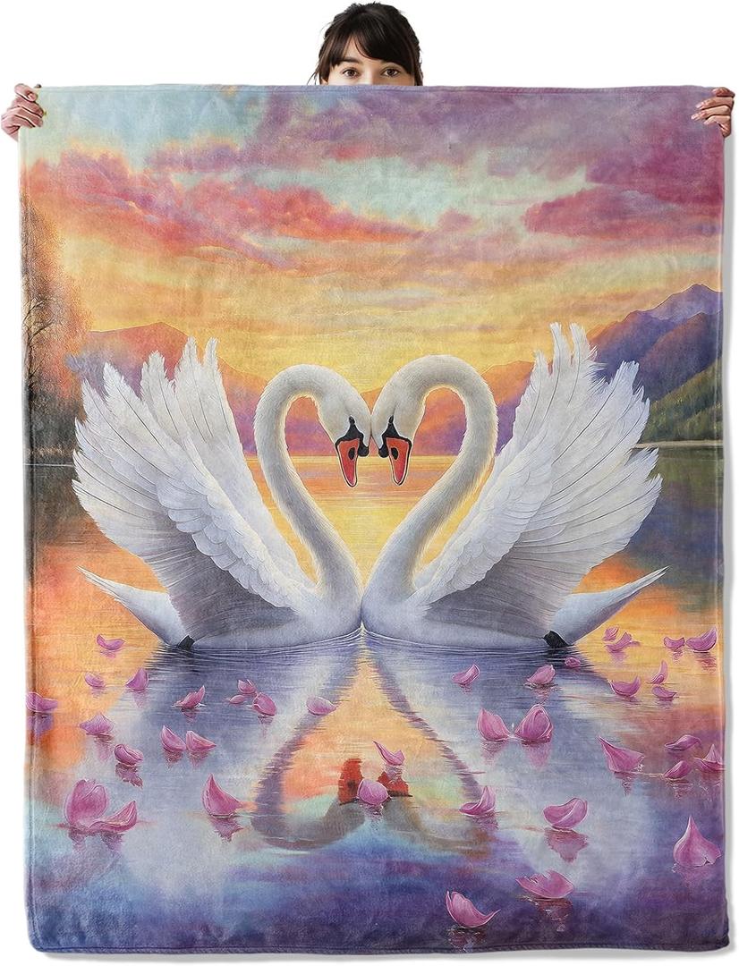 Couple Swan Blanket, Cozy Flannel Romantic Lake and Petal Blankets, All Season Soft Throw for Travel Home Decor, Lightweight Sofa Bed Throws, Valentine's Gifts for Women Adults, 50"60"