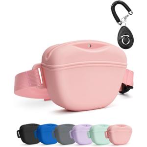 Dog Treat Pouch with Training Clicker, Upgrade Stronger Magnetic Closure to Avoid Spilling, 1.67 Cup Silicone Treat Bag Fanny Pack with Waist Belt for Pet Training Walking (Pink)