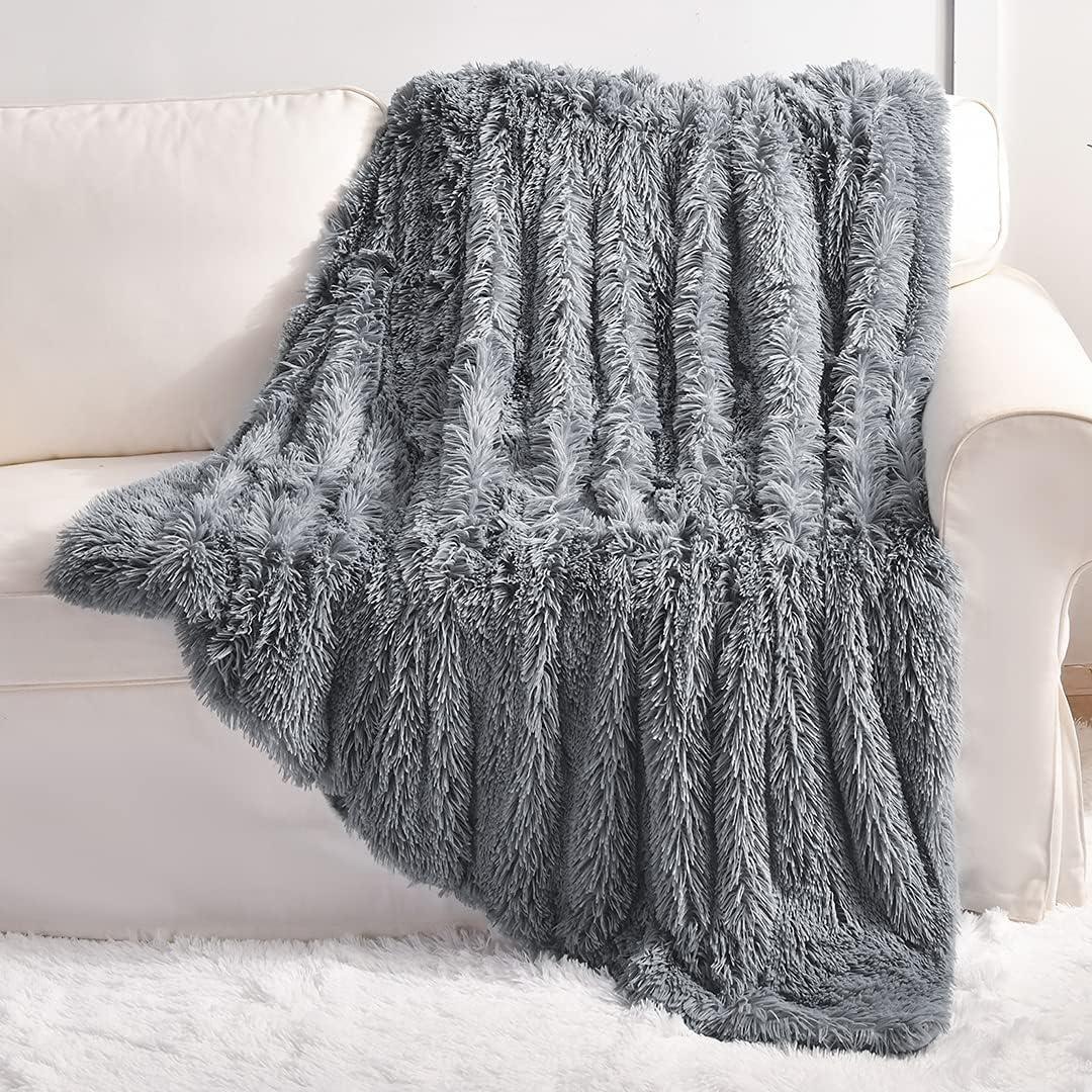 YUSOKI Grey Faux Fur Throw Blanket,2 Layers,50" x 60", Gray Soft Fuzzy Fluffy Couch Blanket Plush Furry Comfy Warm Blanket for Bed Chair Sofa Bedroom Dog Cat Men (Throw50" x 60")