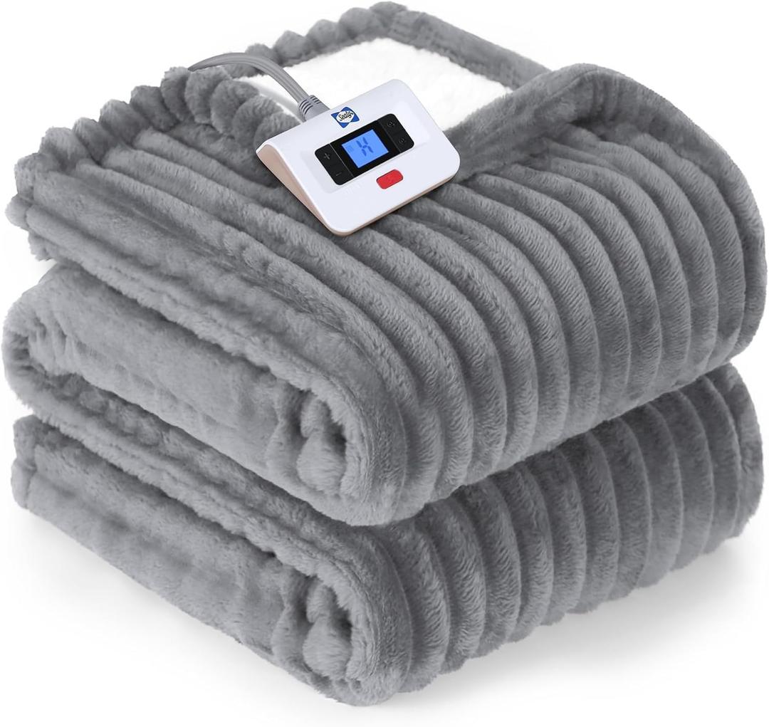 Sealy Electric Blanket Full Size, Soft Ribbed Flannel to Sherpa Reversible Heated Blanket with 10 Heat Settings & 1-12 Hours Auto-Off Overheat Protection, Machine Washable, 72"x84" Light Grey