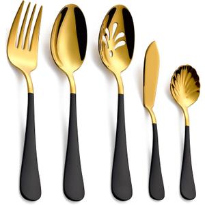 10-Piece Black & Gold Flatware Serving Set, 18/0 Stainless Steel Colorful Handle, Includes Serving Fork, Solid & Pierced Serving Spoon,Sugar Spoon,Butter Knife,Mirror Polished,Dishwasher Safe