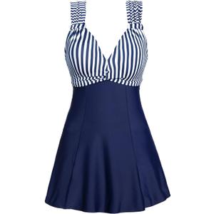 MiYang Women's One Piece High Waist Printing Swim Dress Padded Swimwear (3X-Large, Dark Blue Stripe)