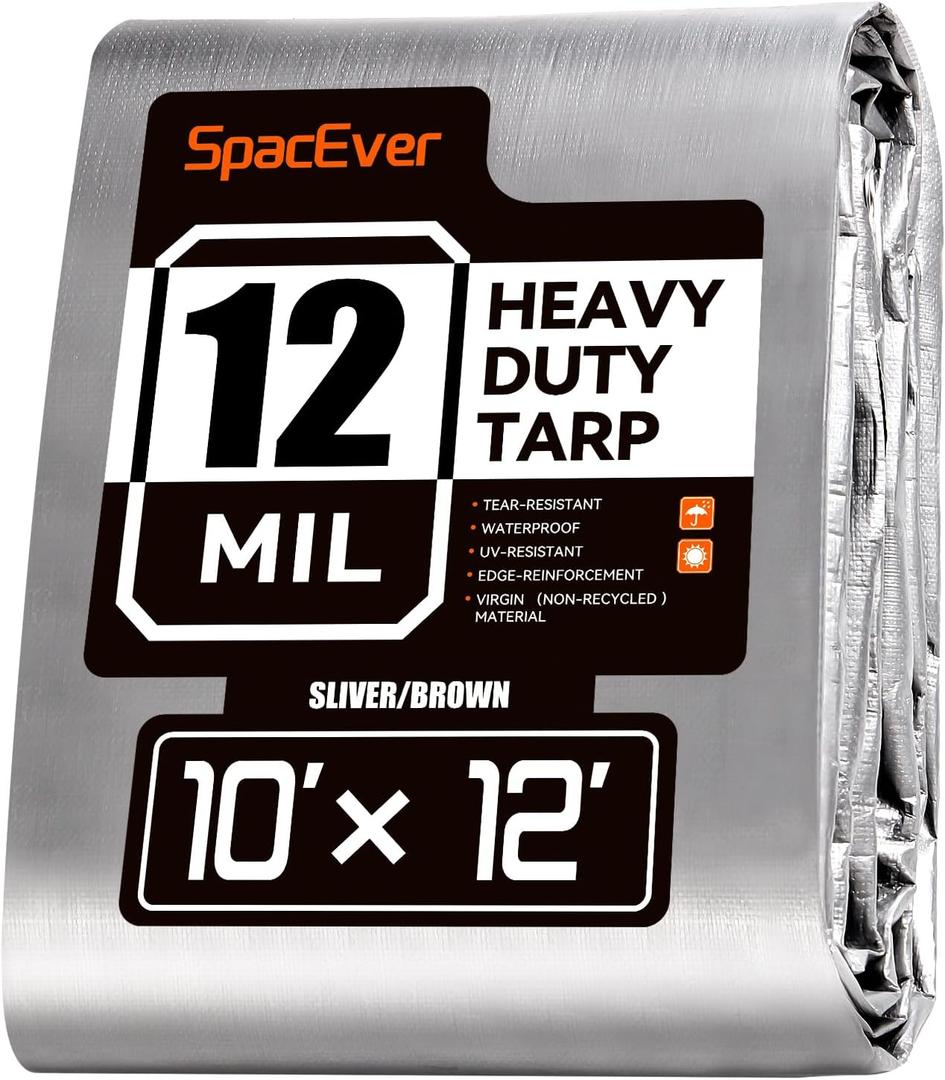 Tarp Heavy Duty 10x12 FT, 12 Mil Thick Large Tarps Water-Proof with Grommets, UV& Tear Resistant, Plastic Cover for Pool Roof Tent Outdoor Firewood, Silver/Brown