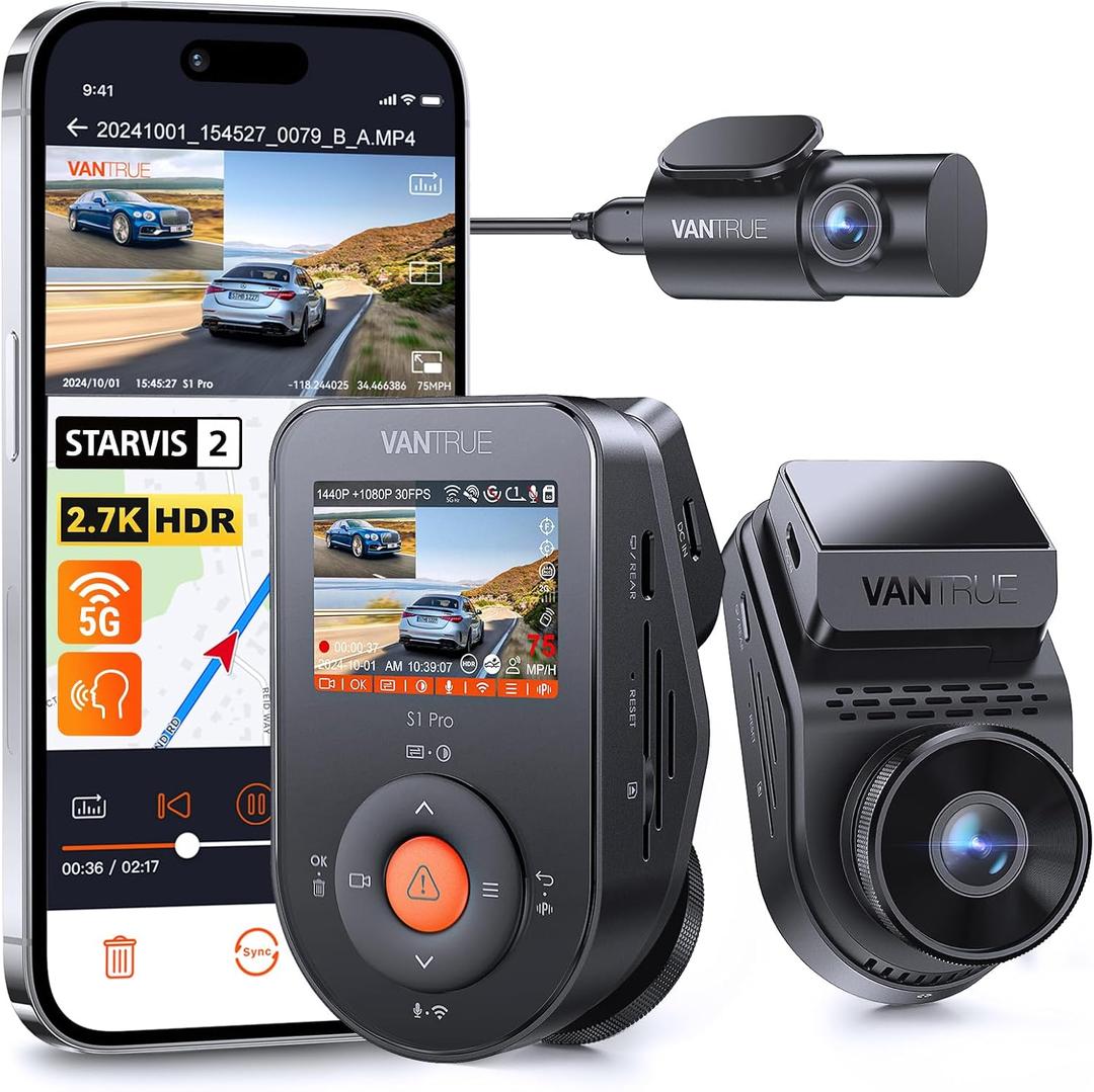 Vantrue S1 Pro AI Dash Cam Front and Rear, Dual 1440P Dash Camera w/2.7K, STARVIS 2, HDR Night Vision, 5G WiFi, 60FPS, GPS, Voice Control,24/7 Parking Mode, Support 1TB Max