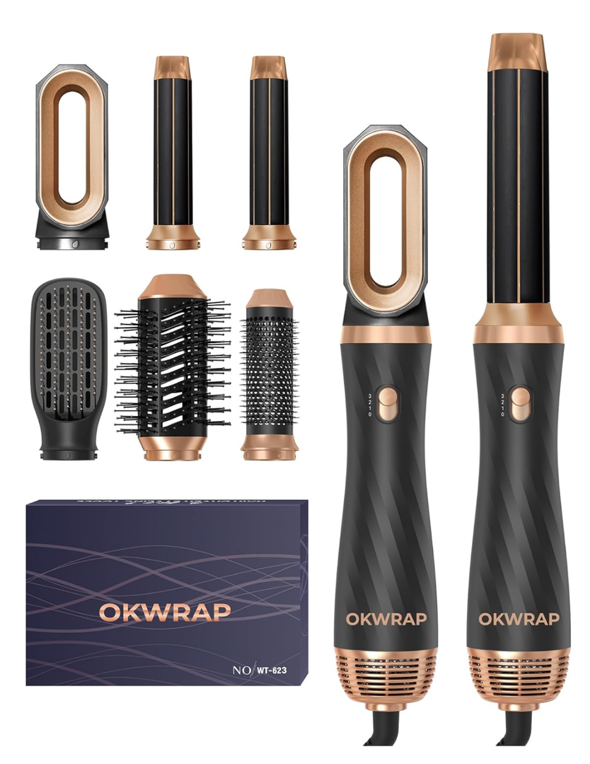 OKWRAP Hair Styler Airstyler Set 6 in 1 with Round Brush Dryer Hair Styler Warm Air Brush Thermal Brush Airflow Curling Iron Automatic Volume Blow Dryer Brush for Straightening, Drying, Volume, Curls