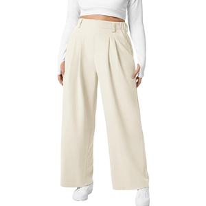 Womens Wide Leg Dress Pants Elastic High Waisted Casual Waffle Palazzo Pants Trousers with Pockets, Size L