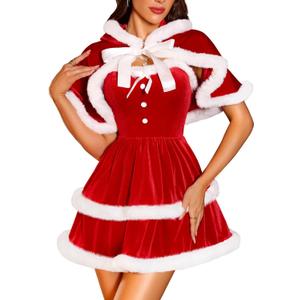 RSLOVE Christmas Outfits for Women - Sexy Christmas Dress with Cape 2Pcs Velvet Santa Costume Xmas Babydoll Furry (XX-Large, Red)