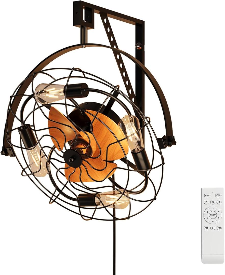Wall Mount Fan with Remote & 4 E26 Bulb Sockets - 6-Speed Ultra-Quiet (35dB) 360 Manual-Adjustable Fan, Plug-in Ceiling/Wall Dual Mount for Bedroom/Garage/Workshop