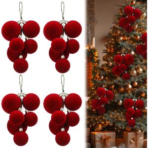 Roowest 4 Sets Large 24 Pcs Christmas Ball Ornaments for Tree Red Velet Balls Cluster Pre Strung Xmas Tree Decorations 2" to 2.8" Christmas Balls Ornaments for Hanging Holiday Party