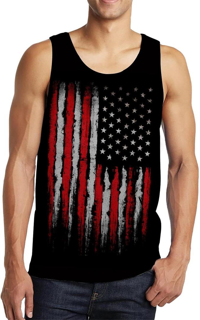 Idgreatim Mens Tank Tops 4th of July American Flag Sleeveless Shirt Patrotic Print Athletic Slim Fit Workout Gym Tees (Black, L)