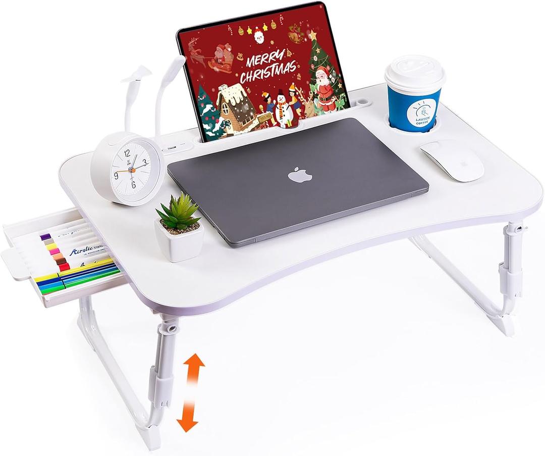 Laptop Desk for Bed, Height Adjustable Laptop Bed Table, Foldable Portable Lap Desk Stand with USB/Storage Drawer/Cup Holder/Slot, Breakfast Tray for Working Reading Writing Eating, White