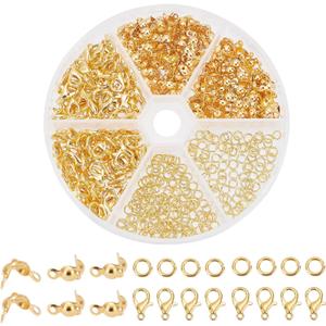 PH PandaHall 500pcs Jewelry Making Accessory Set 200pcs 4mm 21 Guage Open Jump Ring 100pcs 12x6mm Lobster Claw Clasp 200pcs 7mm Bead Tips Knot Covers for Earring Bracelet Jewelry Making, Gold