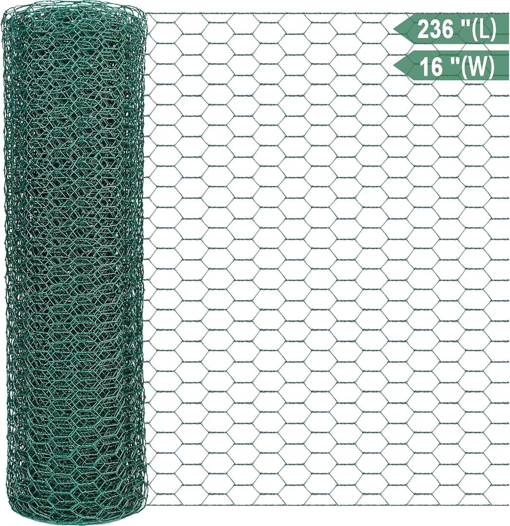 Chicken Wire Netting 16 x 236 Inch Green Hexagonal Galvanized PVC Coated Fencing Mesh for Garden, Poultry Barrier, Floral Arrangements and Crafts