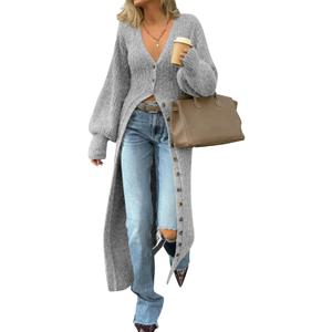 Saodimallsu Womens Long Cardigans V Neck Button Down Chunky Knit Dusters Sweater Coat Fall Trendy Maxi Sweater Dress (Medium, Light Gray)