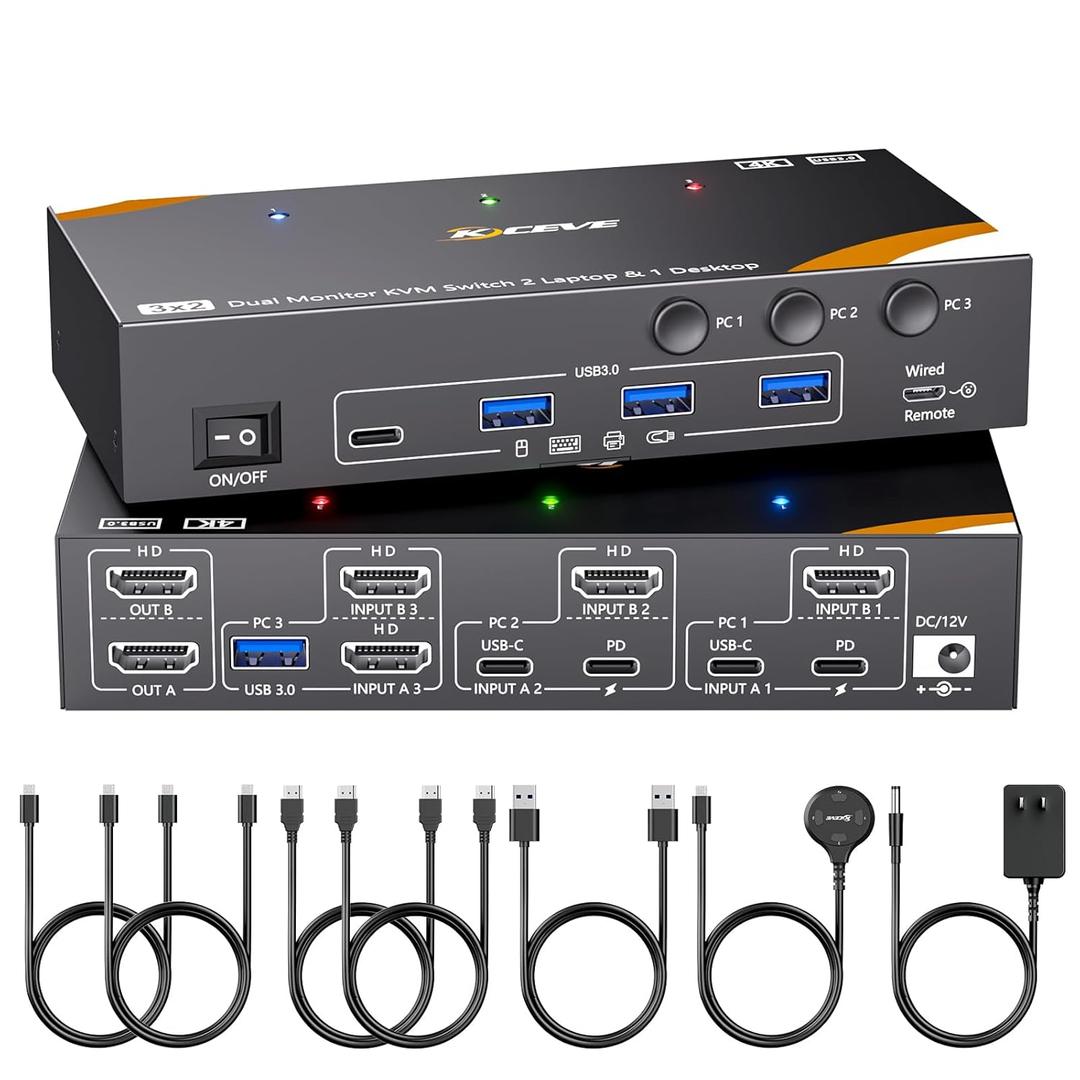 KCEVE KVM Switch 2 Monitors 3 Computers USB C, USB 3.0 KVM Switch Dual Monitor HDMI for 2 Laptops 1 Desktop Share Keyboard, Mouse, 85W PD, 4K@60Hz, Power Adapter and Wired Remote