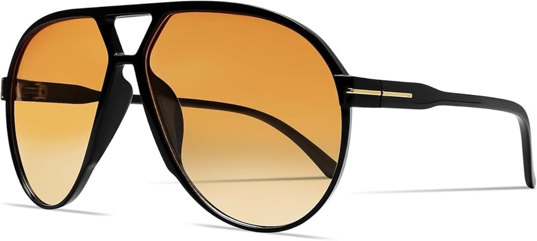 Bouryo Retro Aviator Sunglasses for Women Men - Oversized Trendy 70s Sun Glasses Vintage Big Round Shades (A1 Gloss Black/Gradient Orange-yellow)