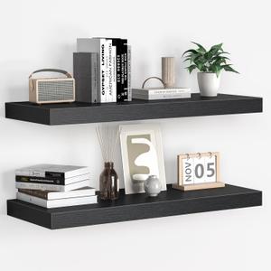 Fun Memories Floating Shelves - 2 Pack 9 Inch Rustic Wooden Wall Shelves - Extra Deeper & Thicker Wall Mounted Storage Shelf for Living Room, Kitchen, Farmhouse - 24" W x 9" D x 1.6" H - Rustic Black