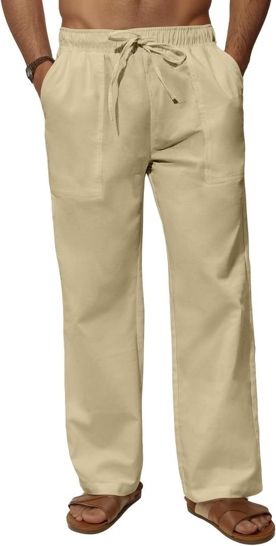 Mens Casual Linen Pants Elastic Wasist Drawstring Lightweight Summer Beach Yoga Pants Trousers with Pockets (White, XXXL)