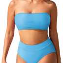 Pink Queen Women's High Waist Bikini Set Removable Strap Bandeau Two Piece Swimsuit Bathing Suit (Large, 01 - Blue)