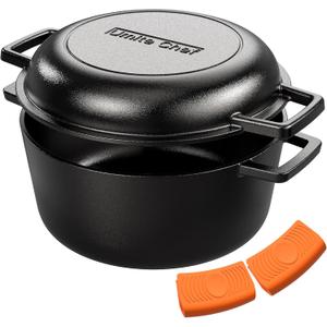Cast Iron Dutch Oven Pot with Skillet Lid Pre-Seasoned Skillet Lid Cooking Pan PFAS-Free Umite Chef Cast Iron Skillet Cookware for Bread, Frying, Baking Dual Handles Oven, Grill, Campfire & Stovetop Safe Durable & Non-Toxic, 5QT