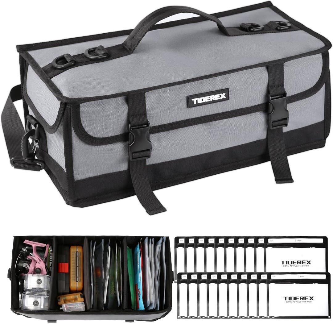 Large Fishing Tackle Bag for Soft Plastic Baits Storage, 20PCS Soft Bait Clear Storage Bag, Fishing Gear Organizer for Weights, Reels & Hooks, 900D Waterproof Oxford Fabric, Grey