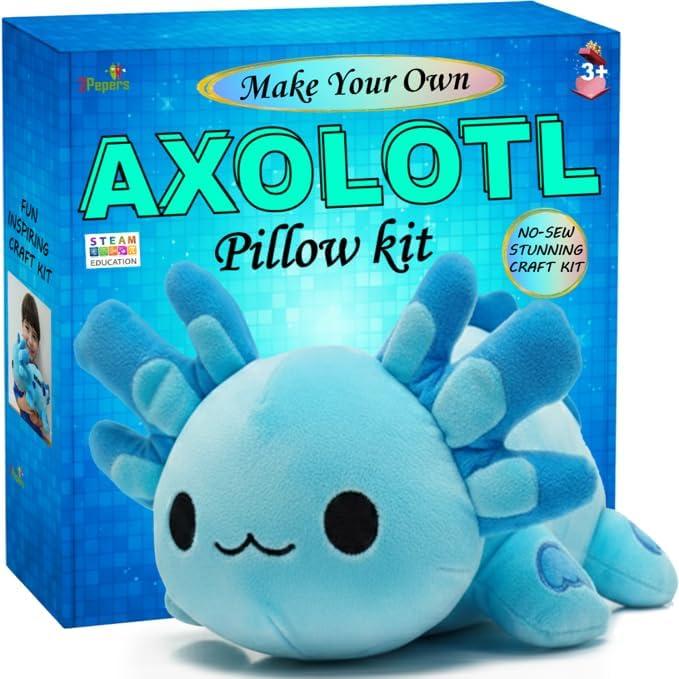 Axolotl Plushie Kit, DIY Animal Toy Crafts For Boys & Girls Toddler, Squishy Plushy Sensory Stuffed Pillow Art Project, Fun Birthday Present Gift For Kids 3 4 5 6 7 8 Year Old, Blue Axolotl Toy Set