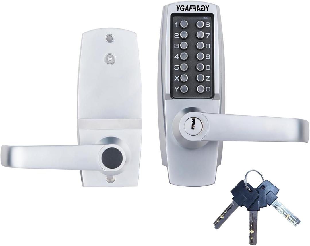 Mechanical Entry Door Lock, 14 Digital keypad,Weatherproof deadbolt with Handle, Security Heavy Duty Outdoor Lock Without Electronic, Easy Installation, for Home, Yard-gate, Office, Chrome