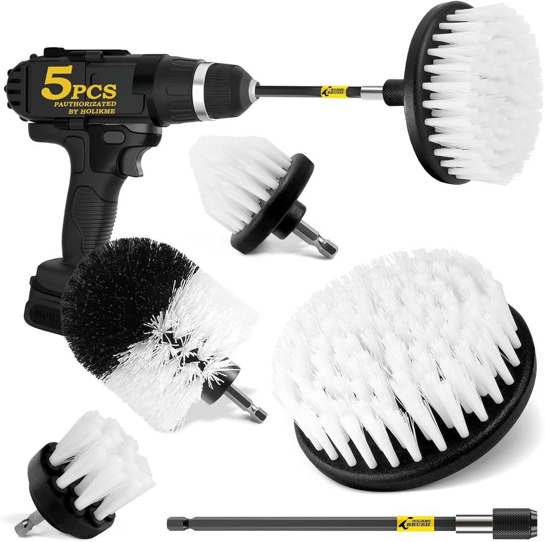 Holikme 5Pack Drill Brush Attachment Set-Car Interior Detailing KitPower Scrubber Brush Extended Long Attachment for Bathroom, CarShowerCarpet,Boat,KitchenFloor and TileWhite