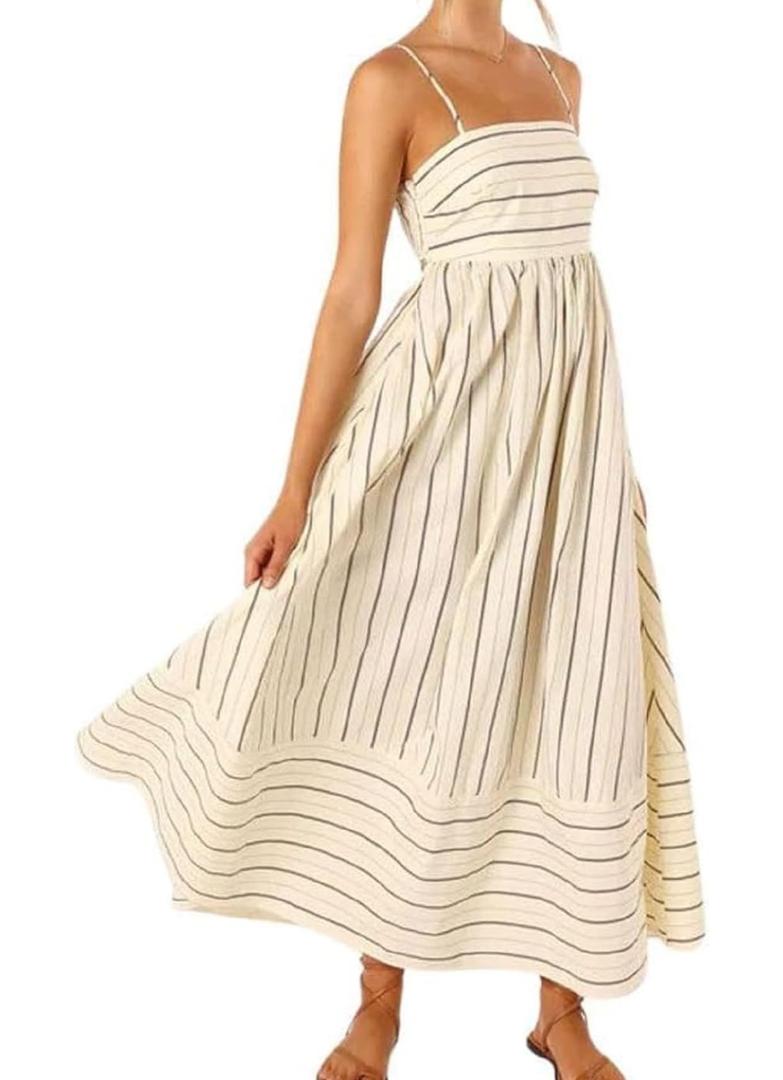 NUFIWI Women Summer Striped Maxi Dress Spaghetti Strap Cutout Ruffle Long Dress Flowy Swing Beach Vocation Dress Size L