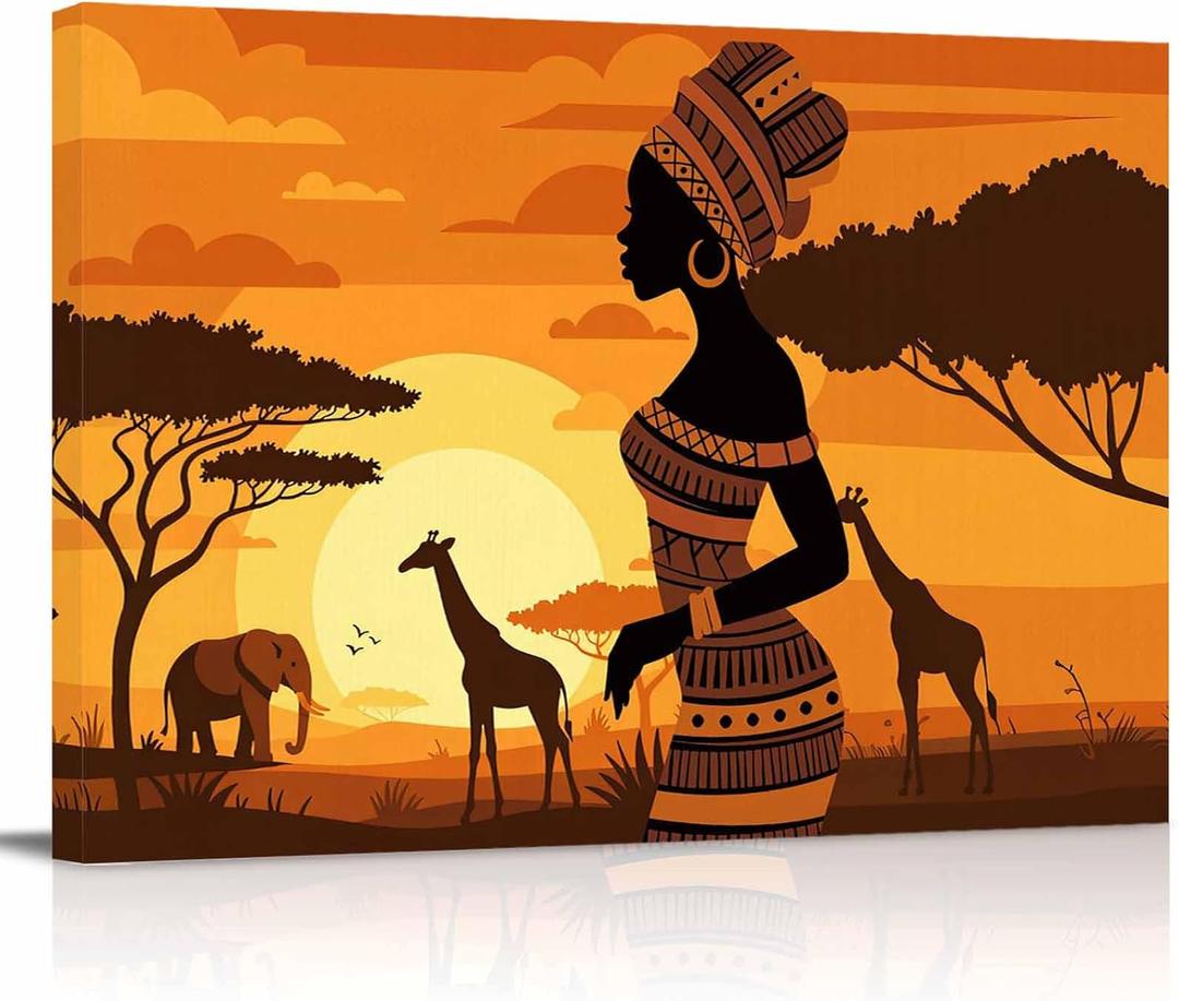 African Women Canvas Print Wall Art - Africa Ethnic Elephant Giraffe Animals Sunset - Wall Decor Modern Artwork Paintings Pictures for Living Room Stretched and Framed Ready to Hang - 16" x 24"