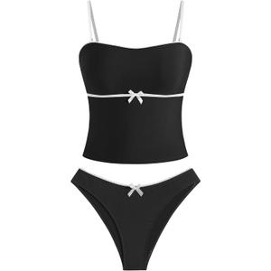 ZAFUL Tankini Swimsuits for Women Bow Tie Side Bathing Suits Tummy Control High Cut Two Piece Bikini Sets (Medium, 1-black)