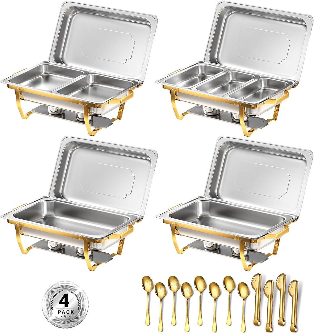 Chafing Dishes for Buffet, 8 Qt High Grade Chafing Dish Buffet Set, Rolled-Edge Design Food Warmers for Parties, Buffet, Wedding, Birthday, Camping 4 Pack 7 Pans [Half Gold]