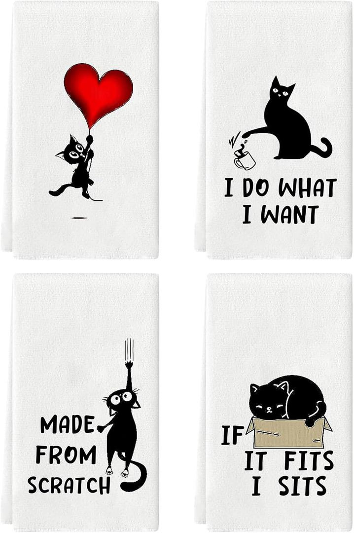 Cat Kitchen Towels Funny Tea Towels Cat Hand Towels for Cat Lovers Cat Dish Towels for Kitchen Cat Kitchen Towel Decorative Set of 4 Cat Bathroom Accessories Housewarming Gifts for Women