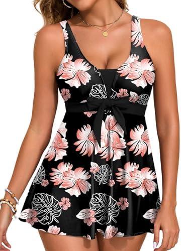 Aleumdr Women Printed Two Piece Tankini Swimsuits Tummy Control Swim Dress High Waisted Boyshort with Pockets Medium