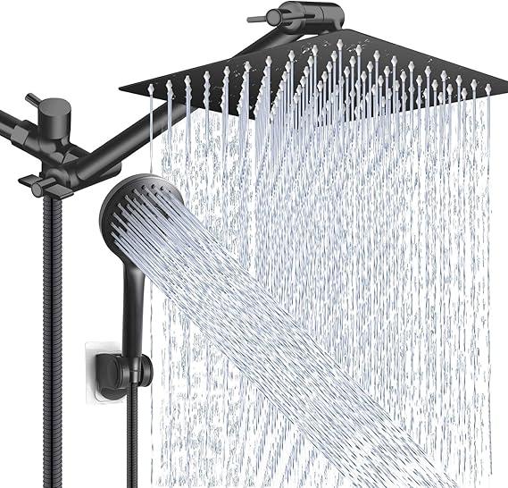 Shower Head Combo,10 Inch High Pressure Rain Shower Head with 11 Inch Adjustable Extension Arm and 5 Settings Handheld Powerful Shower Spray Against Low Pressure Water - Matte Black