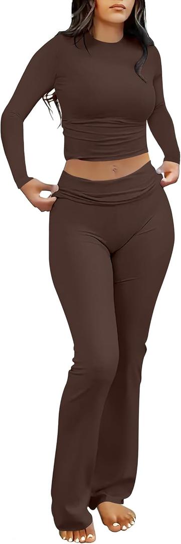 ANRABESS Women 2 Piece Outfits Spring Lounge Sets Long Sleeve Cropped Top Fold Over Flare Pants Comfy Pajamas Set Y2K Clothes (Medium, Coffee)