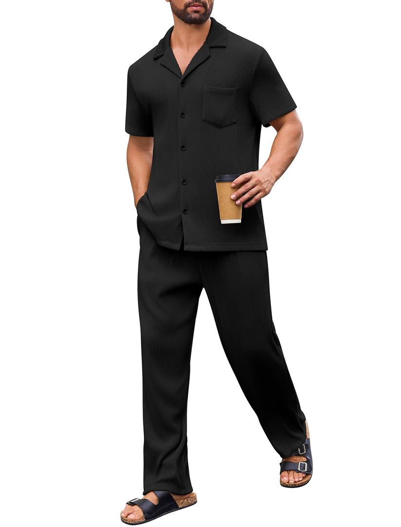 Mens Two Piece Summer Outfit Ribbed Short Sleeve Shirt and Drawstring Pants Men Beach Outfits Sets Loungewear For Travel Sleepwear Pajamas Set with Pockets Walking Suits For Men Black M