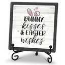 Happy Easter Decor, 5" x 5" Rustic Wood Plaque with Stand for Home Table Decorations, Bunny Kisses Easter Wishes Christian Gifts for Women
