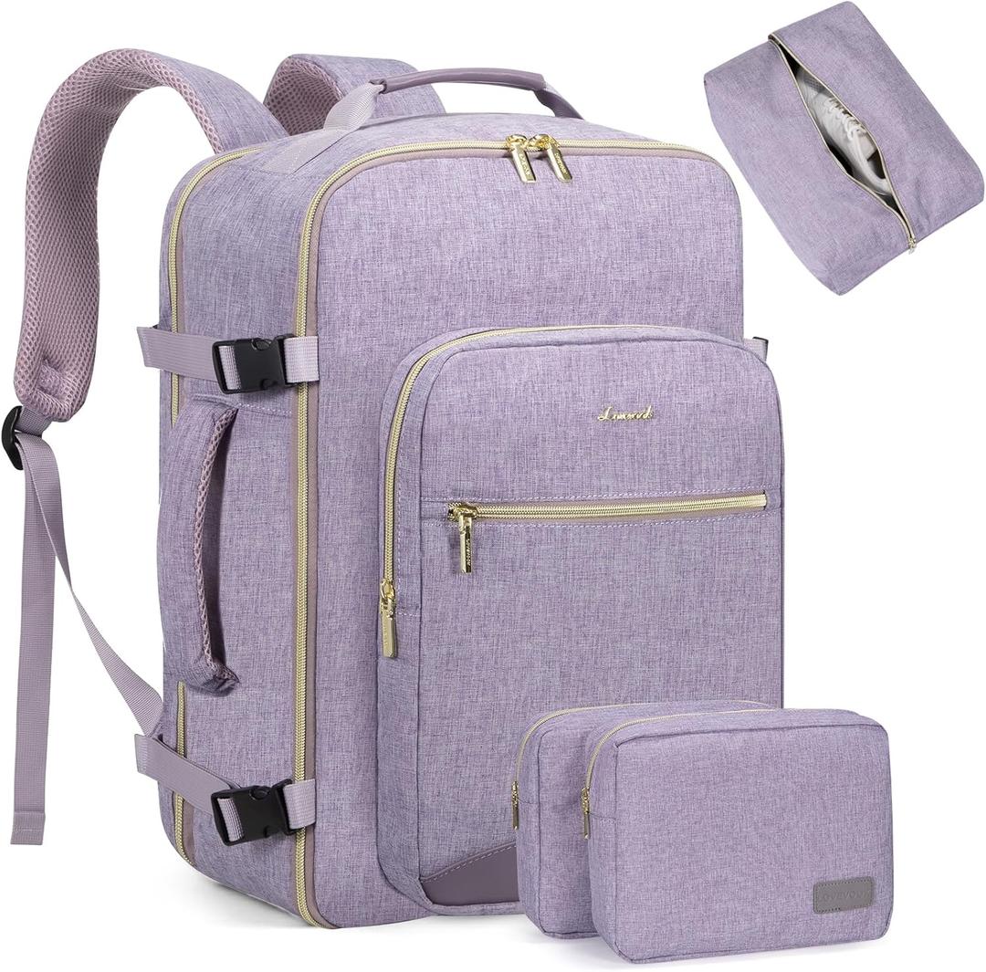 LOVEVOOK Travel Backpack for Women Men as Personal Item Flight Approved, 40L Luggage Carry On Backpack,17.3inch Large Daypack Laptop Backpack Waterproof Outdoor Sports with 3 Packing Cubes,Taro Purple