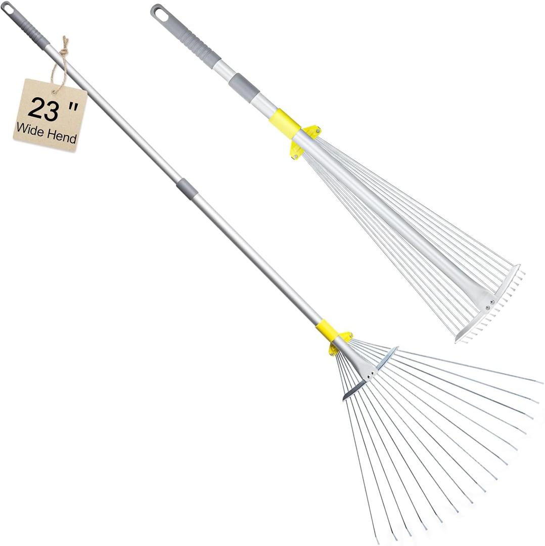 JARDINEER Adjustable Rakes for Leaves, Larger Garden Leaf Rake for Lawns Grass with 7-23" Expandable Head, Yard Collapsible Rake for Camping (64 inches)