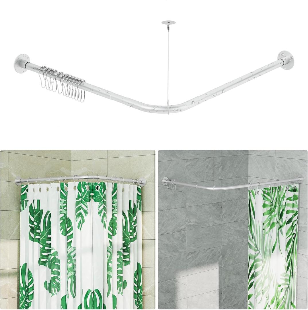 SZXIMU L Shaped Shower Curtain Rod, Adjustable [23.81"-53.15"] x [23.81"-53.15"] Corner Shower Curtain Rod 90 Degree for Bathroom, Bathtub, Clothing Store, Ceiling Support, Silver