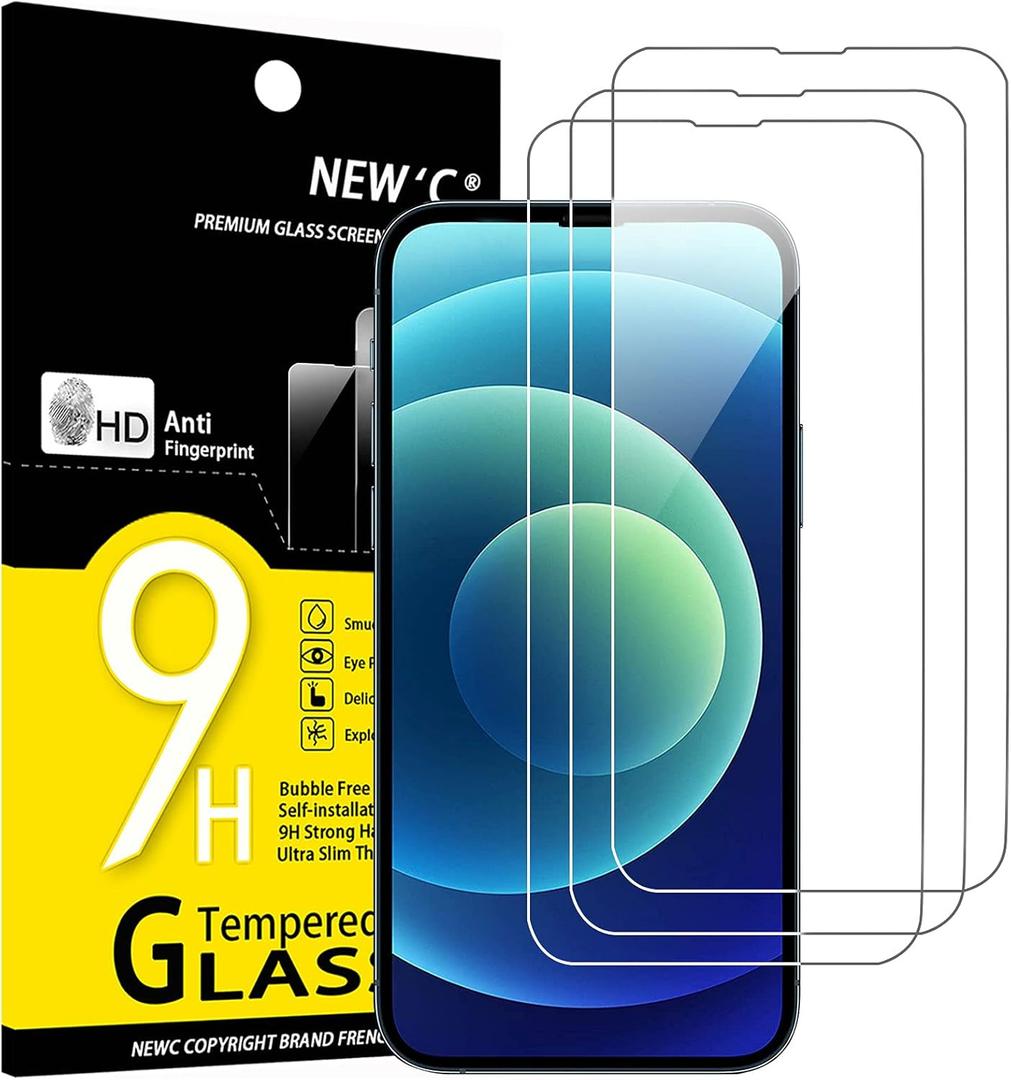 NEW'C 3 Pack Designed for iPhone 14, iPhone 13, iPhone 13 Pro Screen Protector (6.1 inches), Enhanced Tempered Glass Protection,Case Friendly, Ultra Resistant