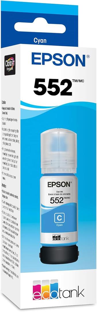 Epson 552 EcoTank Ink Ultra-high Capacity Bottle Cyan (T552220-S) Works with ET-8500, 8550