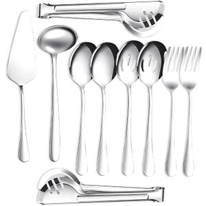 Serving Utensils Set 10 Pcs - Stainless Steel Silver Serving Utensils with Stunning Mirror-Finish - Lightweight, Rust-Resistant & Easy Maintenance - Ideal Serving Spoons for Parties & Wedding
