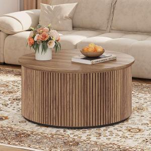 FATORRI Round Coffee Table, Fluted Woodern Center Table, Mid-Century Modern Coffee Tables for Small Space, Living Room, Bedroom (31.5 Inch, Walnut)